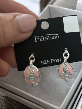 Fashion Jewelry Silver-Tone Pink Enamel Orb Drop Post earrings, NEW